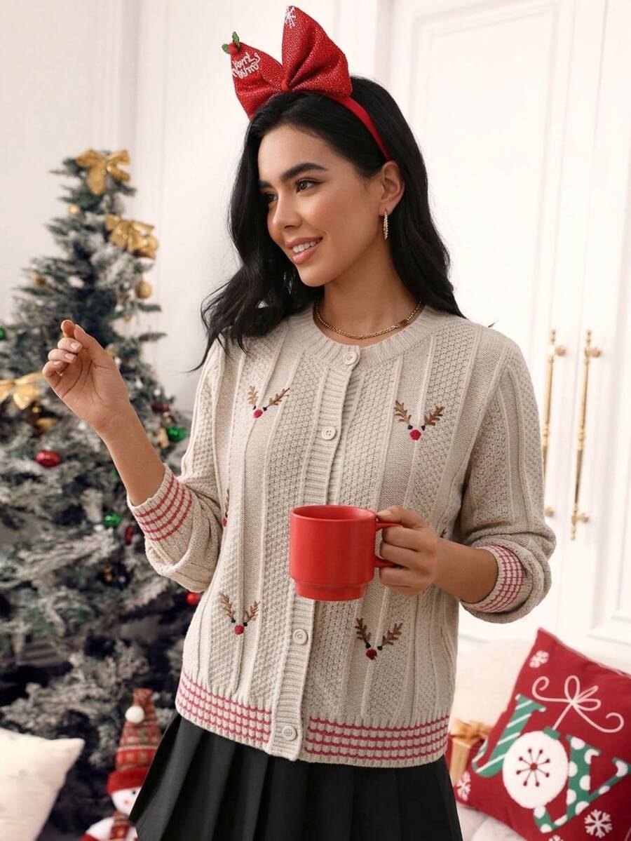SHEIN LUNE Cardigan Rajut Longgar Motif Pohon Natal Bordir, Musim Gugur/Dingin - Khaki - View 1