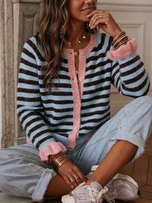 SHEIN Women's Striped Colorblock Casual Daily Cardigan - Blue - View 5