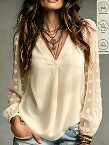 EMERY ROSE Women's Solid Color V-Neck Long Sleeve Casual Top, Everyday Wear Fall Cloth For Women - Apricot - View 8