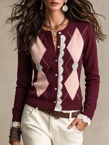 SHEIN Women's Round Neck Argyle Long Sleeve Cardigan, Contrast Color Knit Spring/Autumn/Winter Cardigan, Burgundy Loose Fit Cardigan, Daily Versatile Lace Patchwork Ruffle Trim Cardigan - Multicolor - View 2