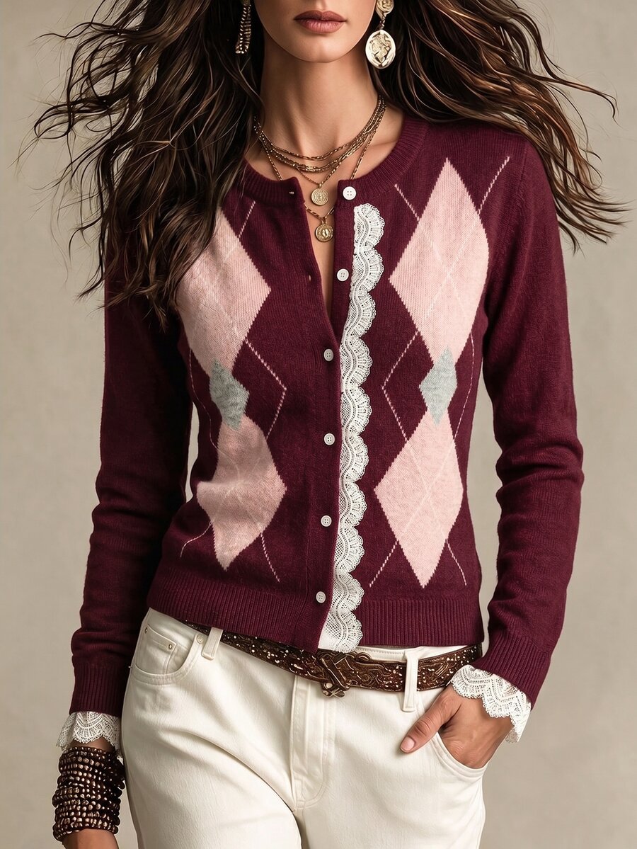 SHEIN Women's Round Neck Argyle Long Sleeve Cardigan, Contrast Color Knit Spring/Autumn/Winter Cardigan, Burgundy Loose Fit Cardigan, Daily Versatile Lace Patchwork Ruffle Trim Cardigan