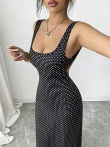 SHEIN Raffinéa 女款亮面黑白波點夏季新款洋裝，方領細肩帶露背裙，側開衩修身高腰顯瘦性感裙 - 黑色 - 查看 5