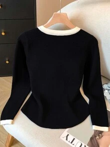 Franclia Casual Commuter Versatile Color Block Long Sleeve T-Shirt, Autumn - Black - View 2