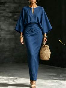 SHEIN Women's Autumn Commute & Vacation Solid Color Keyhole Neck Batwing Sleeve Pleated Dress - Blue - View 8