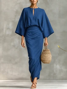 SHEIN Women's Autumn Commute & Vacation Solid Color Keyhole Neck Batwing Sleeve Pleated Dress - Blue - View 4