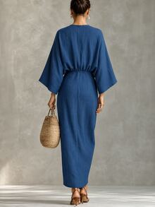 SHEIN Women's Autumn Commute & Vacation Solid Color Keyhole Neck Batwing Sleeve Pleated Dress - Blue - View 2