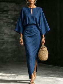 SHEIN Women's Autumn Commute & Vacation Solid Color Keyhole Neck Batwing Sleeve Pleated Dress - Blue - View 1