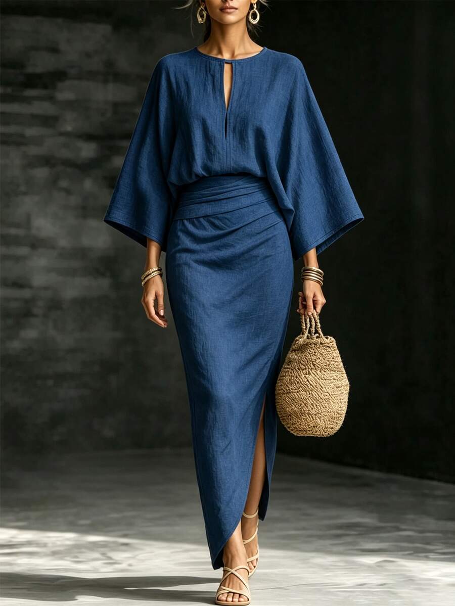 SHEIN Women's Autumn Commute & Vacation Solid Color Keyhole Neck Batwing Sleeve Pleated Dress - Blue - View 1