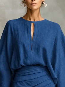 SHEIN Women's Autumn Commute & Vacation Solid Color Keyhole Neck Batwing Sleeve Pleated Dress - Blue - View 5