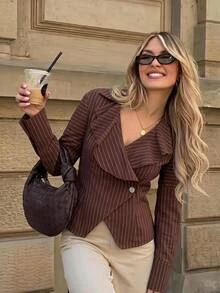 SHEIN Frenchy Women's Elegant Commuter Striped Ruffle Jacket - Brown - View 4