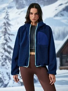 Exploreva Exploreva Women's Simple Zipper Pocket Long Sleeve Outdoor Fleece Jacket - Navy Blue - View 5