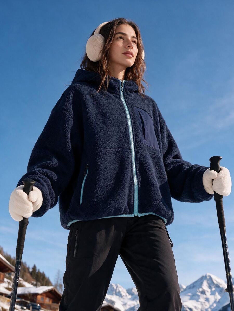 Exploreva Exploreva Women's Simple Zipper Pocket Long Sleeve Outdoor Fleece Jacket - Navy Blue - View 1
