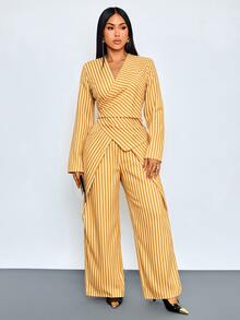SOLERSUN Sexy Modest Elegant Women's Commuter Professional Old Money Style Golden Yellow Striped Suit, Autumn/Winter Long Sleeve Design Dinner Party Night - Yellow - View 6