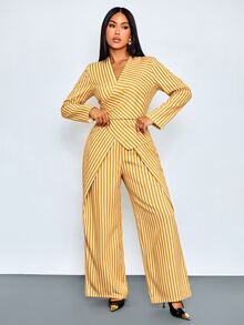 SOLERSUN Sexy Modest Elegant Women's Commuter Professional Old Money Style Golden Yellow Striped Suit, Autumn/Winter Long Sleeve Design Dinner Party Night - Yellow - View 7