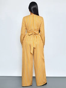 SOLERSUN Sexy Modest Elegant Women's Commuter Professional Old Money Style Golden Yellow Striped Suit, Autumn/Winter Long Sleeve Design Dinner Party Night - Yellow - View 3