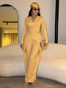 SOLERSUN Sexy Modest Elegant Women's Commuter Professional Old Money Style Golden Yellow Striped Suit, Autumn/Winter Long Sleeve Design Dinner Party Night - Yellow - View 2