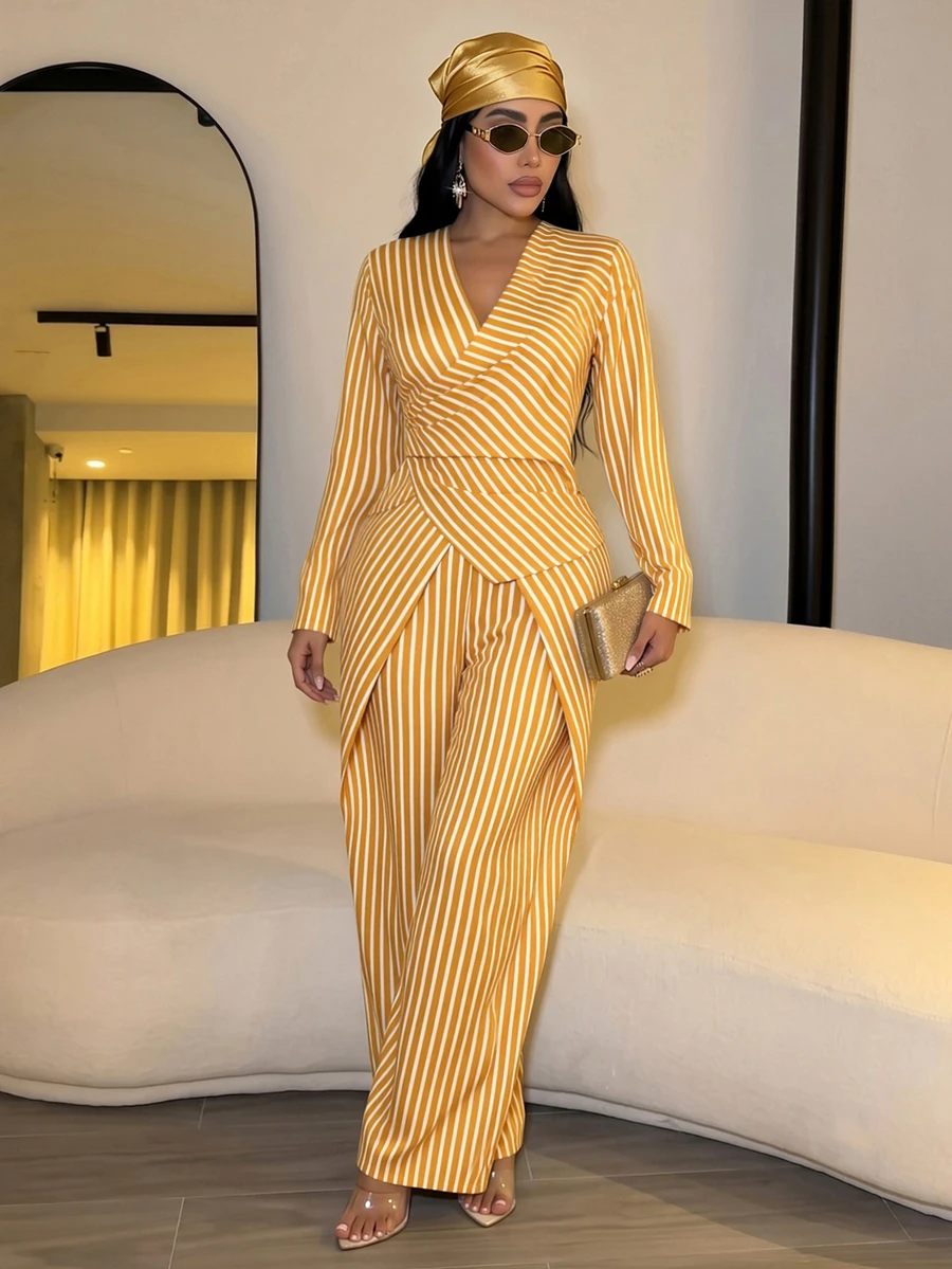 SOLERSUN Sexy Modest Elegant Women's Commuter Professional Old Money Style Golden Yellow Striped Suit, Autumn/Winter Long Sleeve Design Dinner Party Night