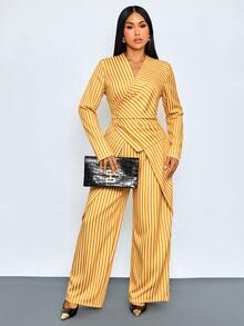 SOLERSUN Sexy Modest Elegant Women's Commuter Professional Old Money Style Golden Yellow Striped Suit, Autumn/Winter Long Sleeve Design Dinner Party Night - Yellow - View 5