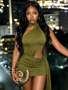 BamGleam Sexy Halter Neck Draped Ribbon Waist Cutout Bodycon Ruched Dress For Holiday Party Club Night And Banquet Olive Green Summer - Olive Green - View 4