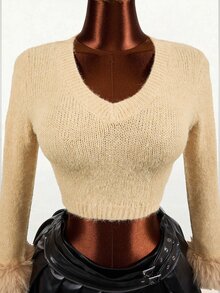 Mistrie Sweater Wanita Gaya Prancis Y2K Seksi Serbaguna Berbulu dengan Manset Patchwork Cocok untuk Acara Keluar Rumah di Musim Gugur - Khaki - View 4