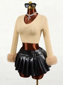 Mistrie Sweater Wanita Gaya Prancis Y2K Seksi Serbaguna Berbulu dengan Manset Patchwork Cocok untuk Acara Keluar Rumah di Musim Gugur - Khaki - View 10