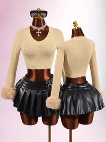 Mistrie Sweater Wanita Gaya Prancis Y2K Seksi Serbaguna Berbulu dengan Manset Patchwork Cocok untuk Acara Keluar Rumah di Musim Gugur - Khaki - View 2