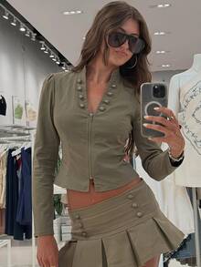 SHEIN SXY Women's Elegant Streetwear Zipper Long Sleeve Jacket And Button Pleated Mini Skirt 2 Pieces Set - Grey - View 7