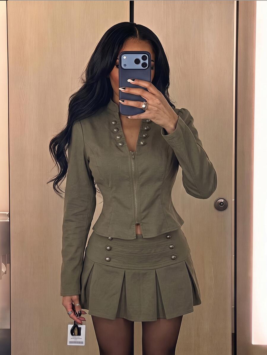 SHEIN SXY Women's Elegant Streetwear Zipper Long Sleeve Jacket And Button Pleated Mini Skirt 2 Pieces Set - Grey - View 1