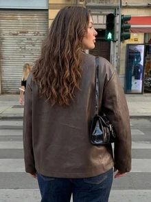 Dazy Plus Plus Size Women's Solid Color Loose Casual PU Leather Jacket, Spring/Autumn New Style - Brown - View 2