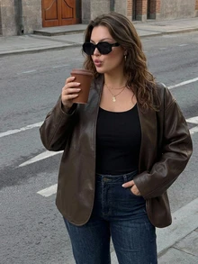 Dazy Plus Plus Size Women's Solid Color Loose Casual PU Leather Jacket, Spring/Autumn New Style - Brown - View 4