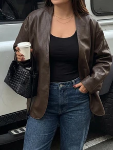 Dazy Plus Plus Size Women's Solid Color Loose Casual PU Leather Jacket, Spring/Autumn New Style - Brown - View 1