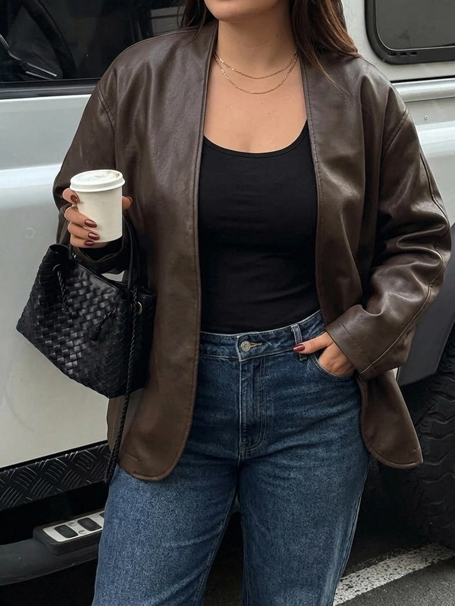Dazy Plus Plus Size Women's Solid Color Loose Casual PU Leather Jacket, Spring/Autumn New Style - Brown - View 1