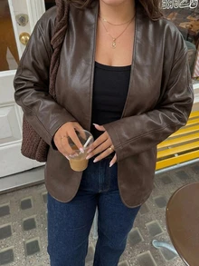 Dazy Plus Plus Size Women's Solid Color Loose Casual PU Leather Jacket, Spring/Autumn New Style - Brown - View 6
