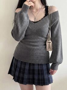 Dazy Plus Layering Solid Color Slim Fit Deep V-Neck Long Sleeve Lantern Sleeve Casual Elegant Vacation Spring Autumn Pullover Knit Sweater - Grey - View 6