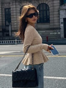 DAZY Women's Autumn/Winter Khaki Round Neck Button Cable Knit Long Sleeve Slim Fit Ribbed Cardigan - Khaki - View 4