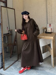 DAZY Women's Casual Hooded Long Sleeve Midi Dress - Brown - View 7