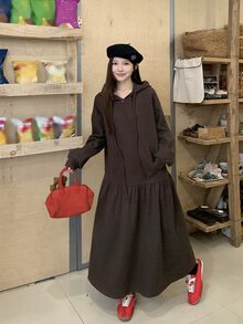 DAZY Women's Casual Hooded Long Sleeve Midi Dress - Brown - View 8
