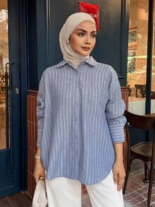 DAZY Women's Autumn Loose Fit Casual Vacation Commute Shirt With Turn-Down Collar, Blue And White Vertical Stripes, Button Front, Dropped Shoulders, Fresh Style - Blue - View 4