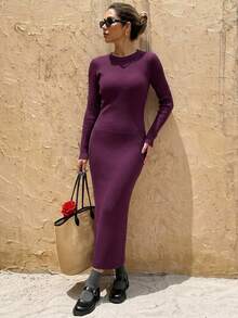 Livesso Women's 2pcs Set Purple Crew Neck Long Sleeve Knit Sweater And High Waist Slim Fit Ribbed Knit Pants, Autumn/Winter - Purple - View 4