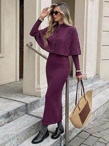 Livesso Women's 2pcs Set Purple Crew Neck Long Sleeve Knit Sweater And High Waist Slim Fit Ribbed Knit Pants, Autumn/Winter - Purple - View 5