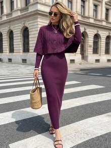 Livesso Women's 2pcs Set Purple Crew Neck Long Sleeve Knit Sweater And High Waist Slim Fit Ribbed Knit Pants, Autumn/Winter - Purple - View 6