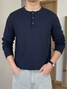 DAZY Men's Henley Collar 3-Button Textured Diamond Pattern Long Sleeve Casual Loose Fit Basic T-Shirt - Navy Blue - View 7