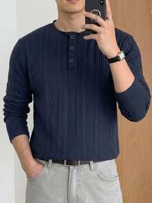 DAZY Men's Henley Collar 3-Button Textured Diamond Pattern Long Sleeve Casual Loose Fit Basic T-Shirt - Navy Blue - View 8