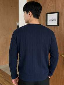 DAZY Men's Henley Collar 3-Button Textured Diamond Pattern Long Sleeve Casual Loose Fit Basic T-Shirt - Navy Blue - View 2
