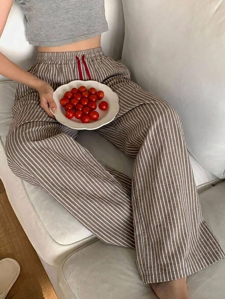DAZY Striped Loose Contrast Color Waist Rope Straight Leg Long Pajama Pants Women's Loungewear Bottoms - Khaki - View 4