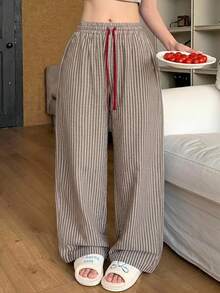 DAZY Striped Loose Contrast Color Waist Rope Straight Leg Long Pajama Pants Women's Loungewear Bottoms - Khaki - View 3