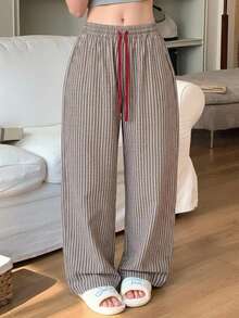 DAZY Striped Loose Contrast Color Waist Rope Straight Leg Long Pajama Pants Women's Loungewear Bottoms - Khaki - View 6