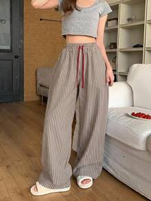 DAZY Striped Loose Contrast Color Waist Rope Straight Leg Long Pajama Pants Women's Loungewear Bottoms - Khaki - View 5
