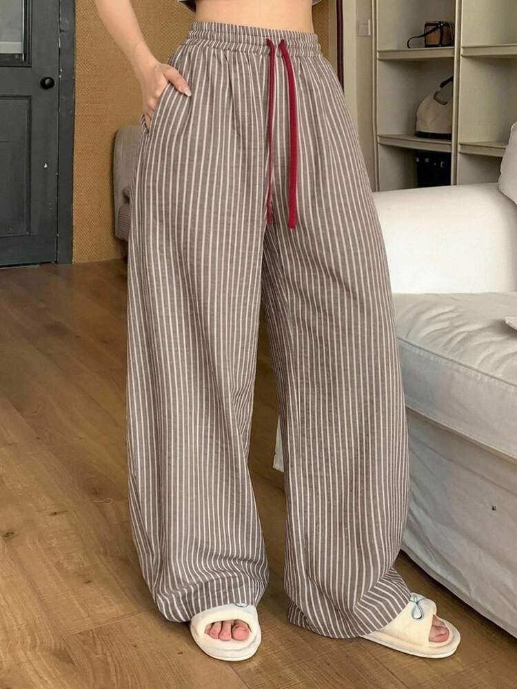 DAZY Striped Loose Contrast Color Waist Rope Straight Leg Long Pajama Pants Women's Loungewear Bottoms - Khaki - View 1