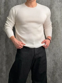 DAZY Spring/Autumn Solid Apricot Ribbed Seamless Design Base Layer Korean Style Men's T-Shirt - Apricot - View 5